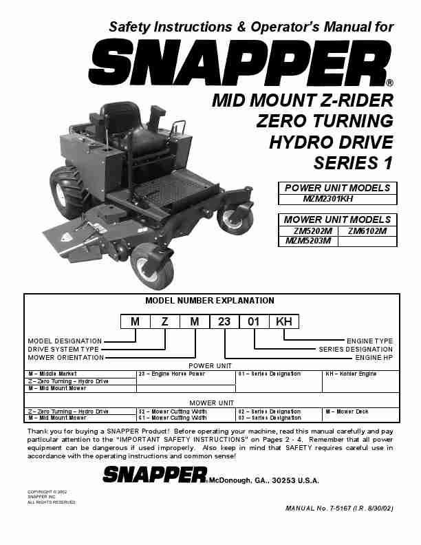 Snapper Lawn Mower MZM2301KH, ZM5202M, MZM5203M, ZM6102M-page_pdf